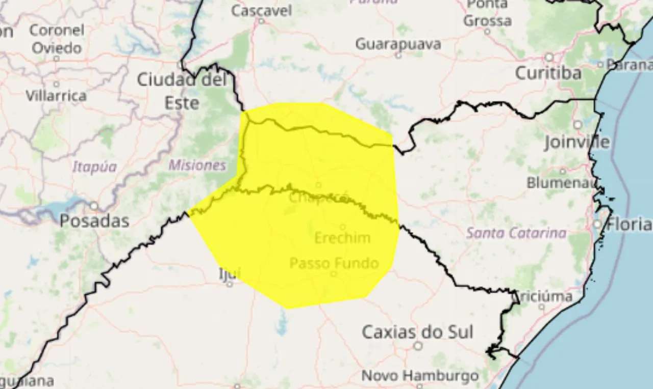 O mapa mostra as áreas em alerta para chuva intensa e ventania